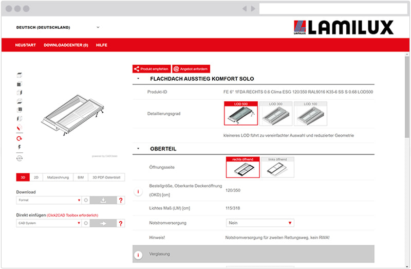 LAMILUX Produktkonfigurator Flachdach Ausstieg Komfort Solo
