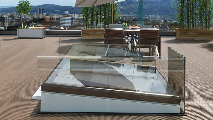 Außenansicht LAMILUX Flachdach Ausstieg Komfort Quadrat geschlossen auf Dachterrasse