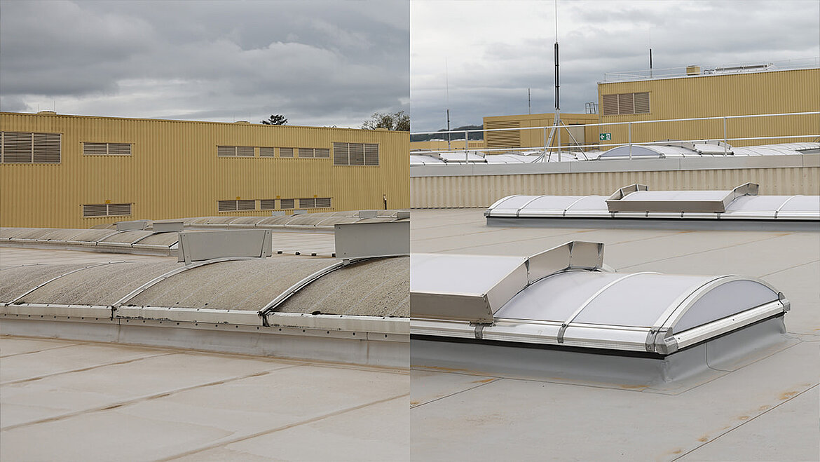 Vorher-nachher Sanierung eines LAMILUX Lichtband B auf Industrie-Flachdach
