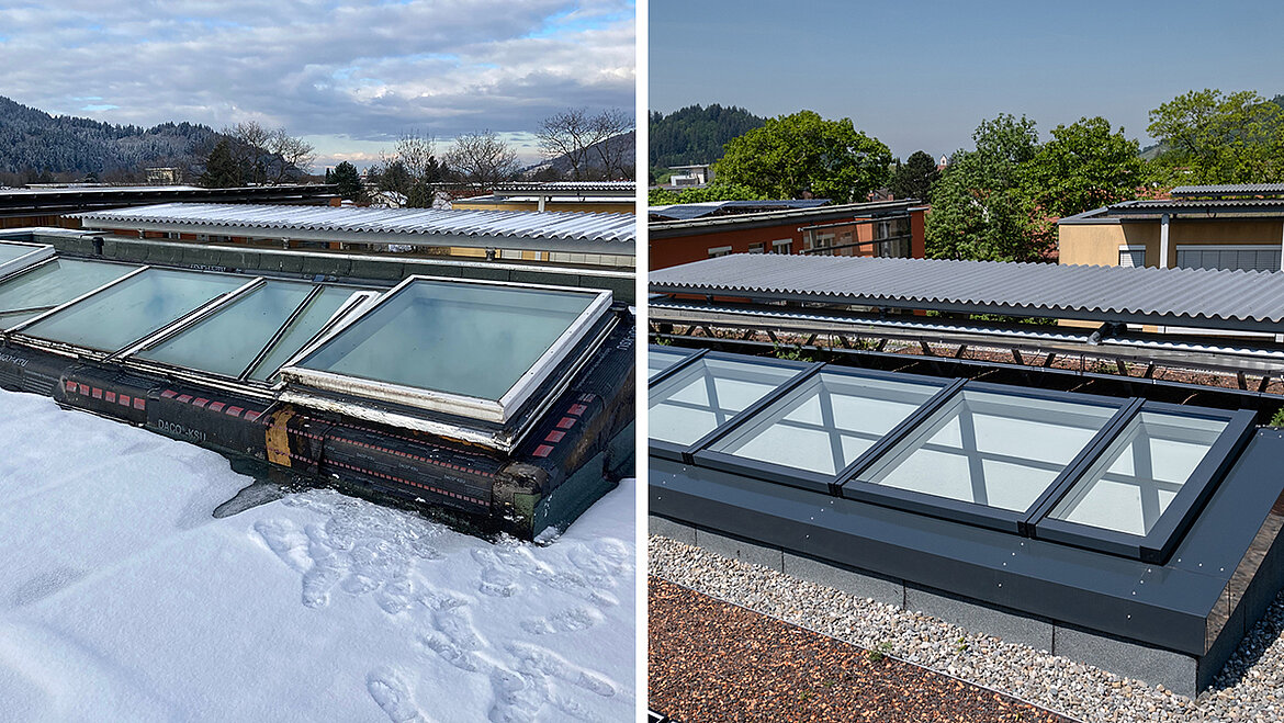 Vergleich vor und nach Sanierung eines Glasdachs mit dem LAMILUX Glasdach MS78