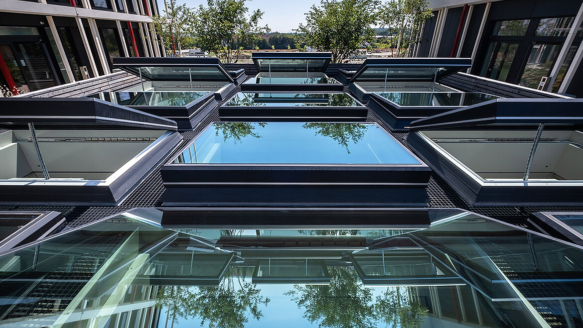 Modernes Glasdach mit Stahlkonstruktion Spiegelungen von Bäumen und blauem Himmel