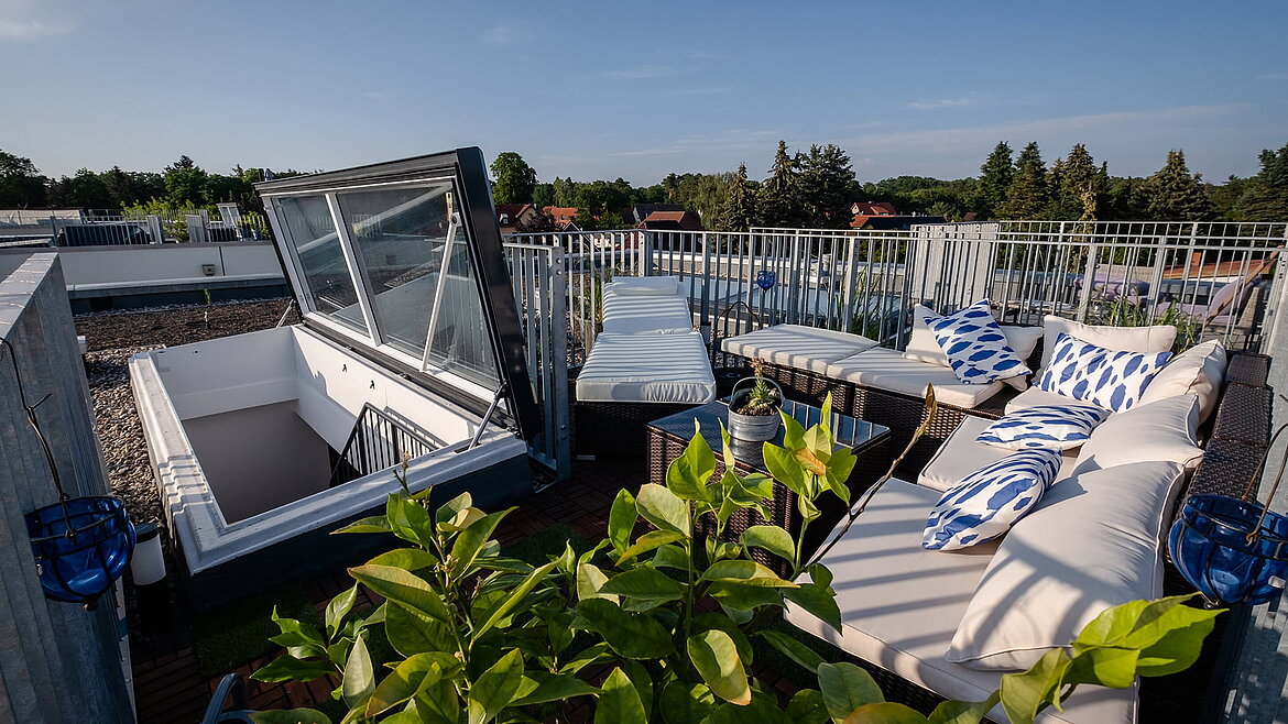 Dachterrasse eines Townhouses in Berlin mit Flachdach Ausstieg, Sitzbereich und Pflanzen.