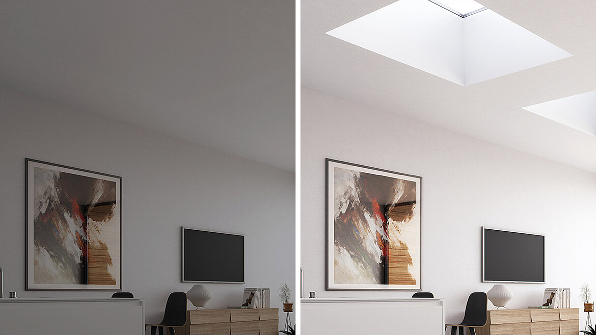 Vergleich eines Wohnraums vor und nach der Installation eines Flachdach Fensters.