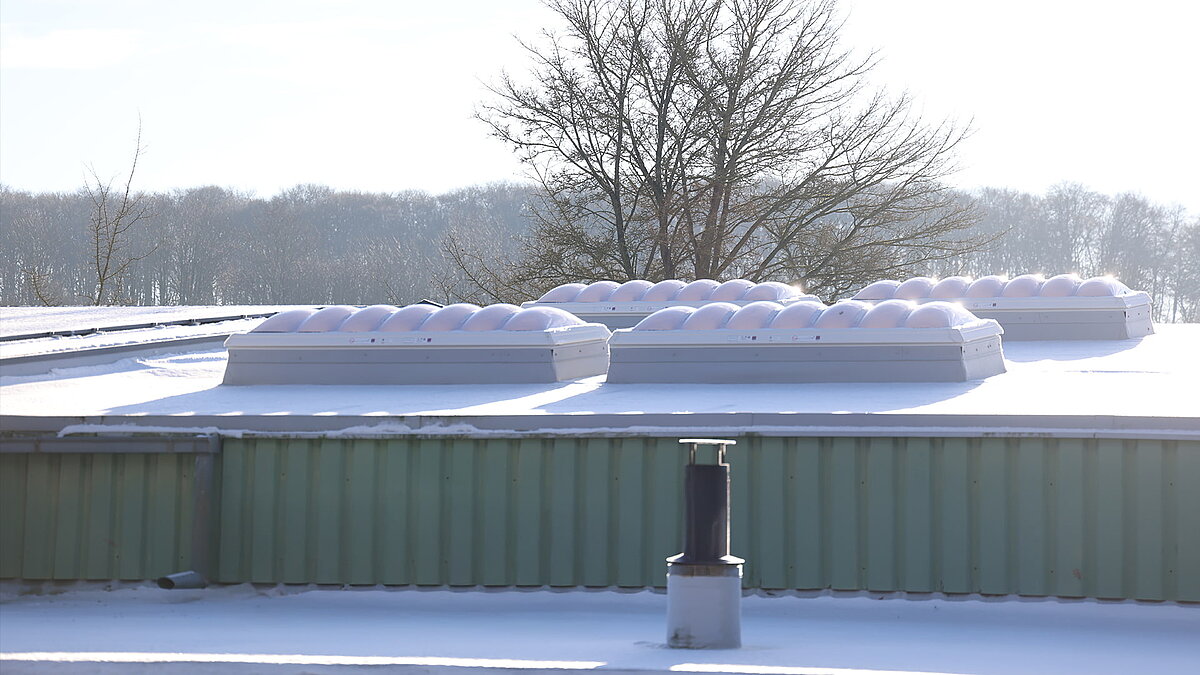 Winterliche Ansicht des Gebäudes "Ab in die Box" am Diemelsee mit schneebedeckten Lichtkuppeln auf dem Dach.