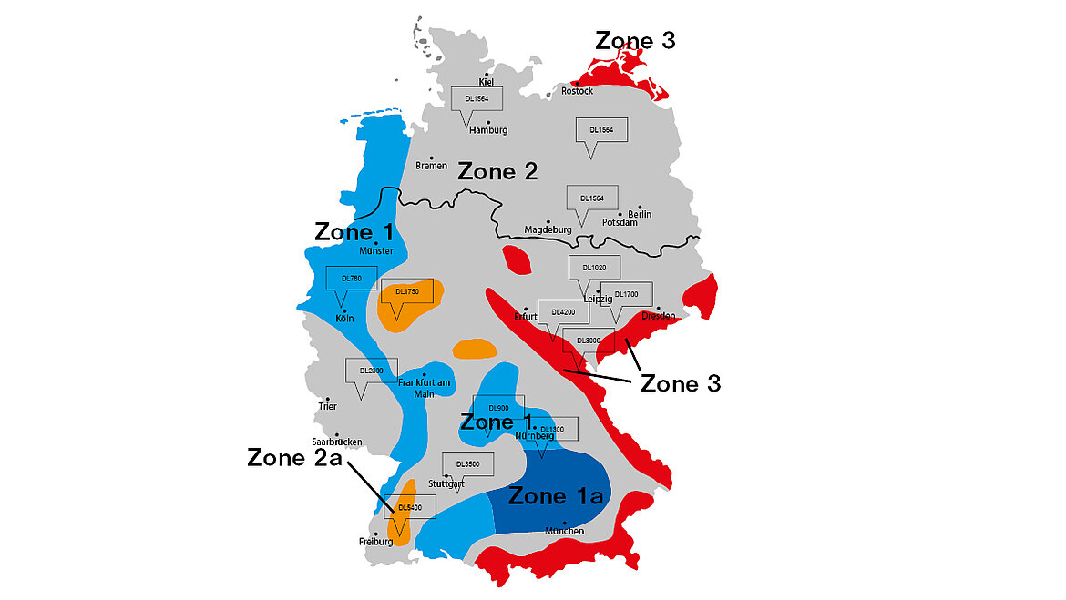 Deutschlandkarte mit farblich dargestellten Schneelastzonen.
