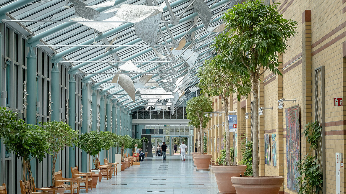 Helle Passage mit Glasdach, großen Pflanzen und Sitzmöglichkeiten in einem öffentlichen Gebäude.