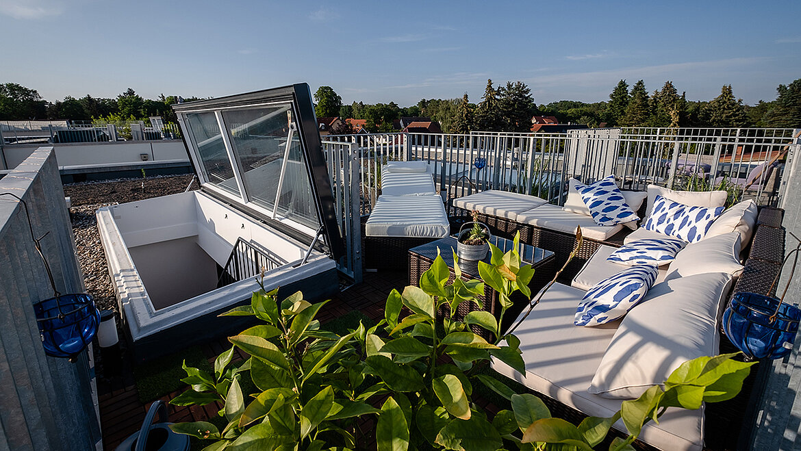 Stilvolle Dachterrasse mit Lounge-Möbeln, Glas-Dachausstieg und Begrünung.