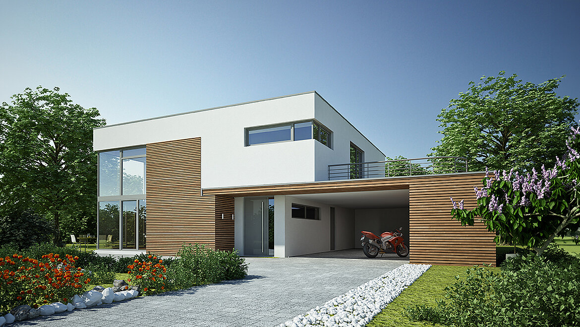 Modernes Einfamilienhaus mit Flachdach, großen Glasflächen und integrierter Terrassenüberdachung