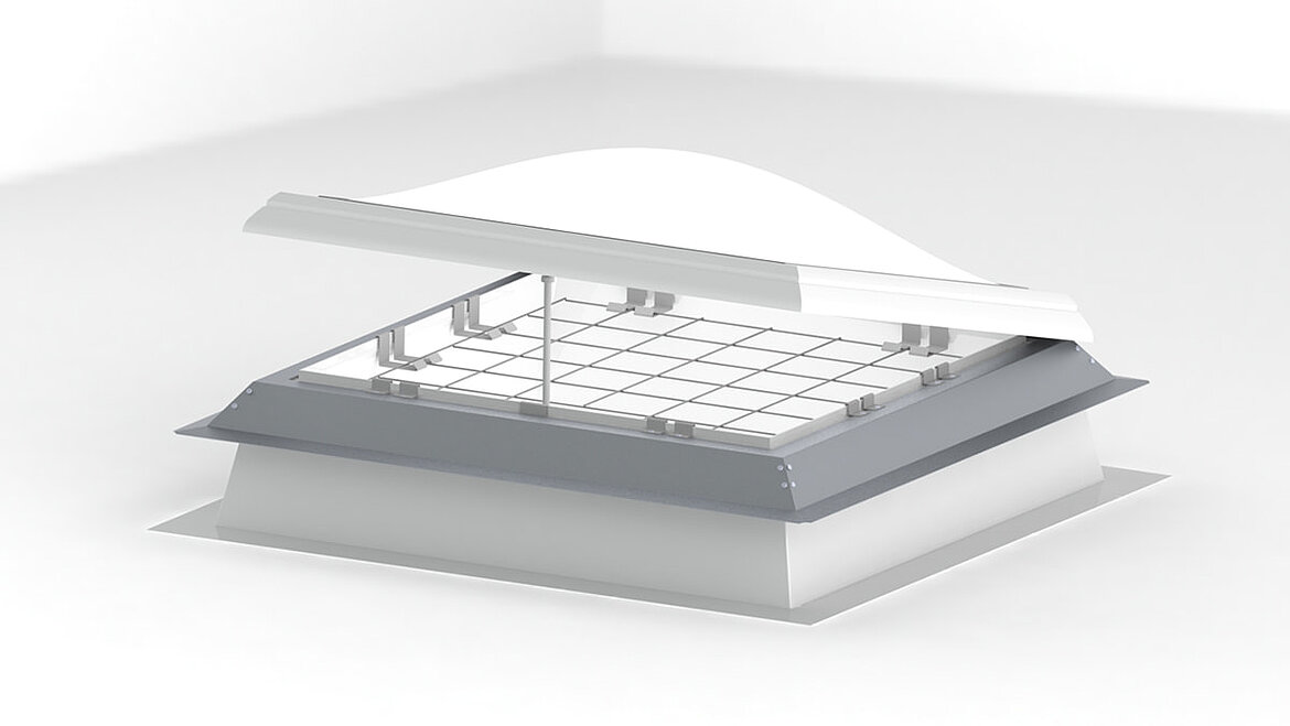 Geöffnete LAMILUX Lichtkuppel mit nachrüstbarem Durchsturzgitter