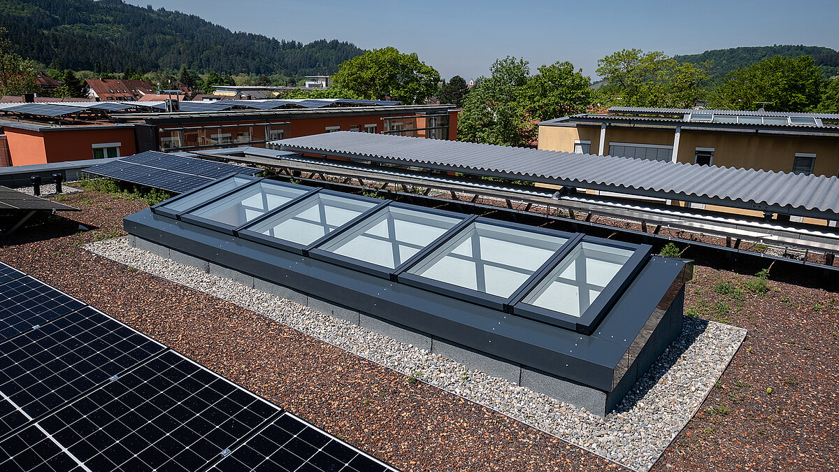 Blick auf das modularen Glasdach von LAMILUX vom Wohnhaus in Freiburg umgeben von Solarpanels auf einem begrünten Flachdach.