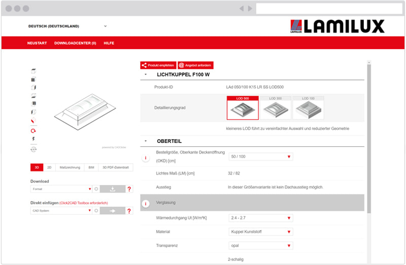 Konfiguration Lichtkuppel F100 W Darstellung